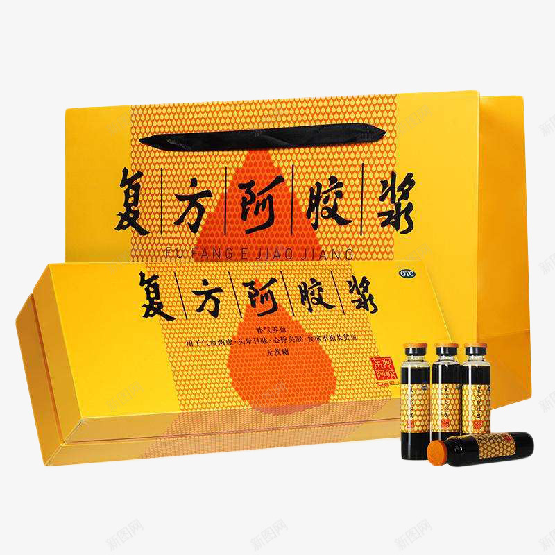 四瓶健康补气阿胶浆png免抠素材_新图网 https://ixintu.com 保健品 健康 女士 好喝 小瓶 水滴 益气补血 补品 阿胶浆 黄色