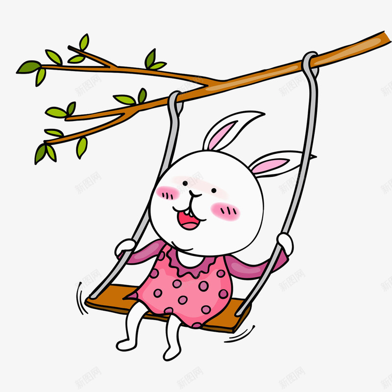 荡秋千兔子png免抠素材_新图网 https://ixintu.com 开心 手绘 树干 白兔 秋千 粉色耳朵 绿叶 花裙子