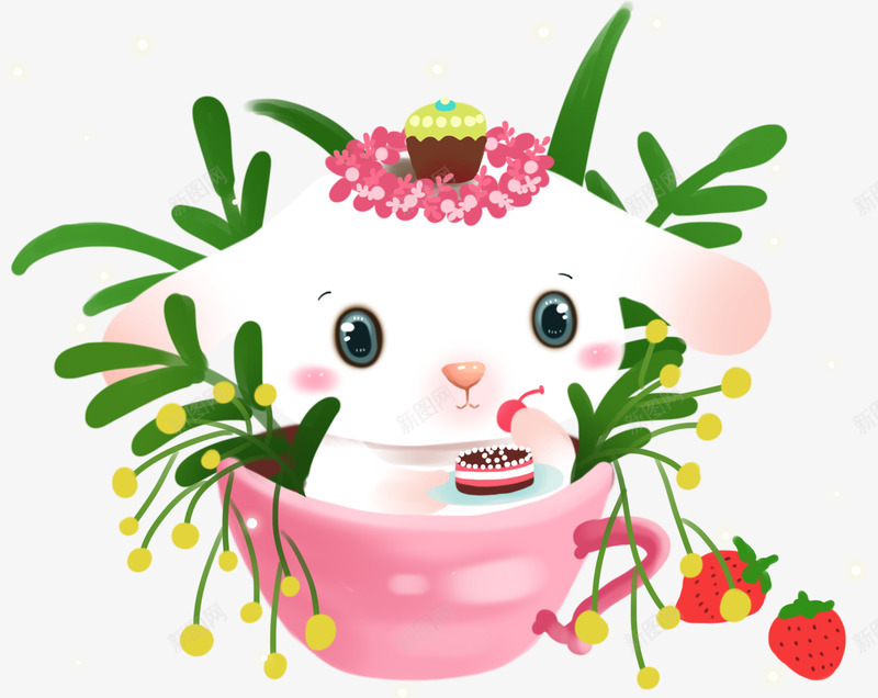 小清新大耳朵兔兔插画png免抠素材_新图网 https://ixintu.com 可爱 大耳朵兔兔 小兔子 小清新 手绘插画 植物 草莓 装饰图案