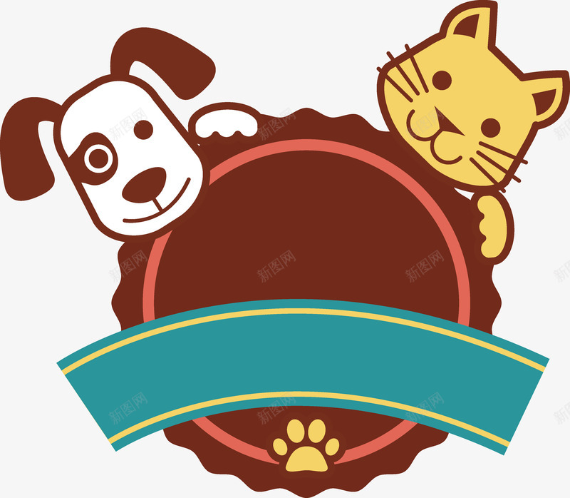 猫狗合图带丝带png免抠素材_新图网 https://ixintu.com 丝带 卡通 印记 可爱 手绘 手绘猫狗 曲线 爪子 狗 猫 白色 红色 黄色
