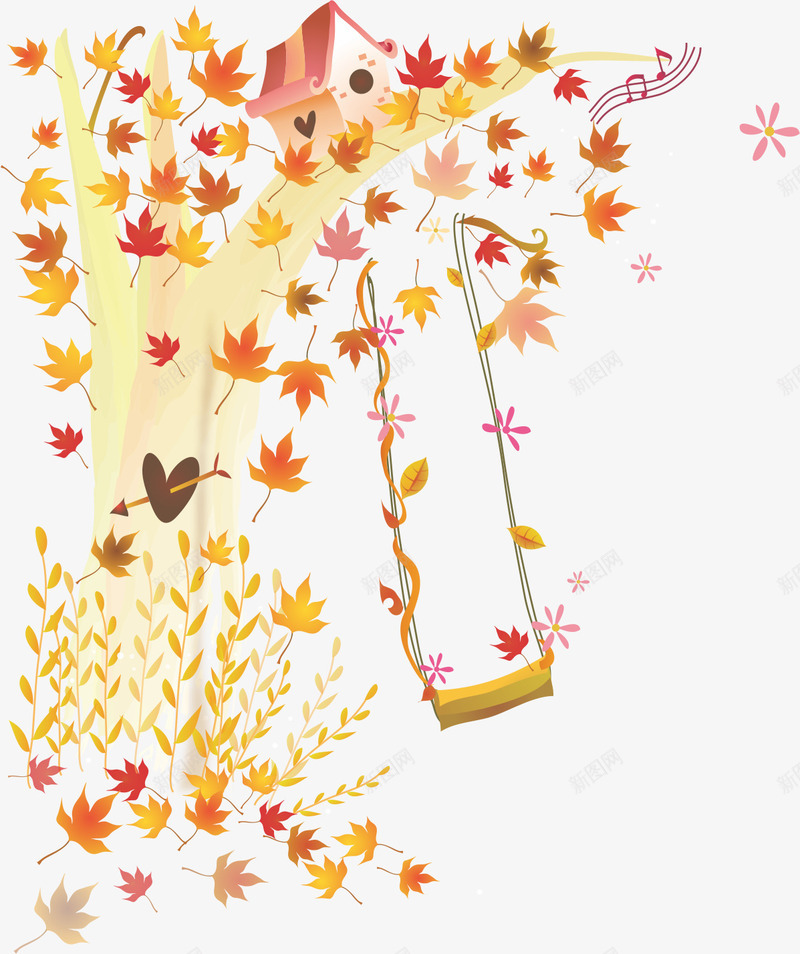 枫树上的秋千png免抠素材_新图网 https://ixintu.com 枫叶 秋天 花藤 花藤秋千 金黄