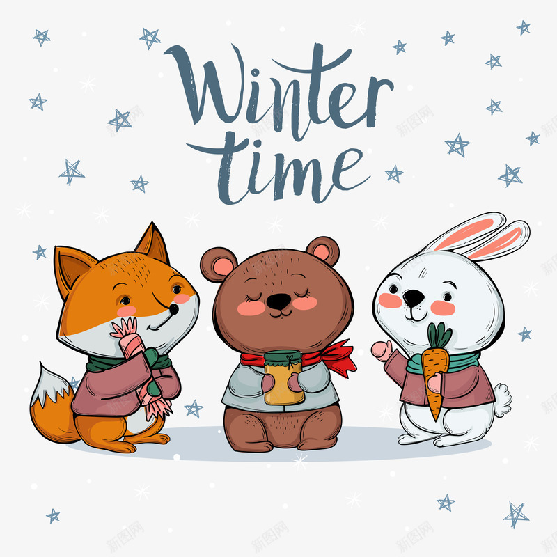 可爱冬季动物矢量图ai免抠素材_新图网 https://ixintu.com 兔子 狐狸 狗熊 矢量图