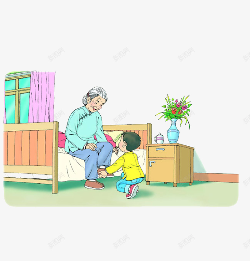 卡通人物插画png免抠素材_新图网 https://ixintu.com 奶奶与孙子插画 孝敬老人宣传插画 尊贤 床 敬老孝亲 柜子 花瓶