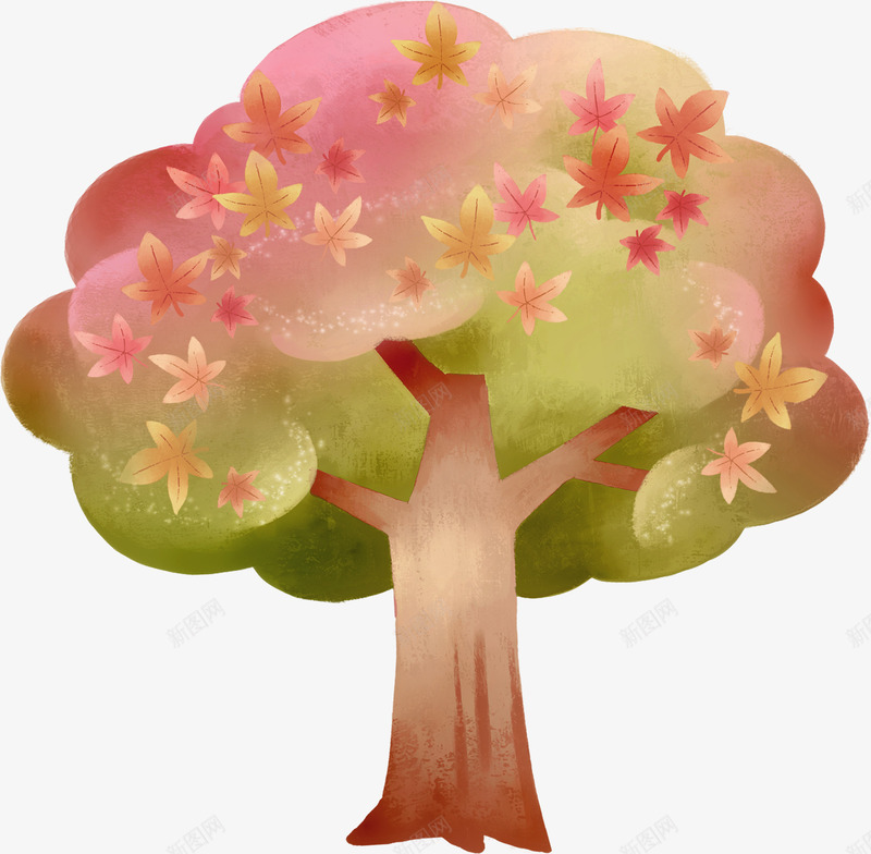 手绘粉绿色大树枫叶png免抠素材_新图网 https://ixintu.com 大树 枫叶 绿色