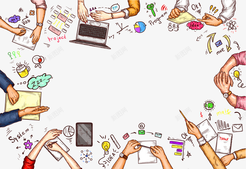 手绘开会人员矢量图ai免抠素材_新图网 https://ixintu.com 商业 商务 开会 彩色 手势 手绘 背景装饰 矢量图