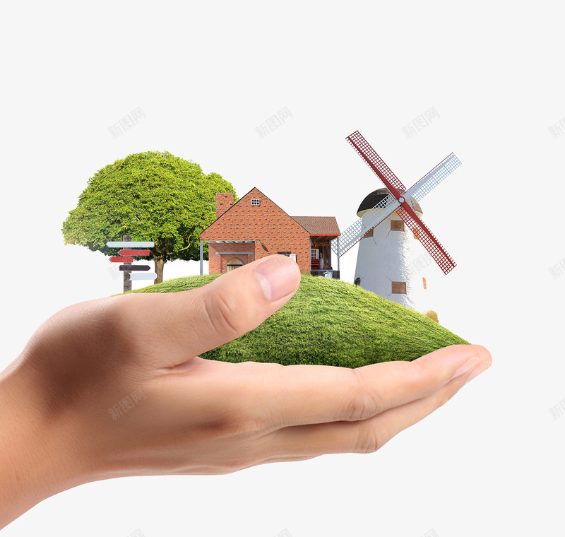 双手捧着绿色生态环境psd免抠素材_新图网 https://ixintu.com 双手捧着手势 绿地 绿色环保生态 草地 风车