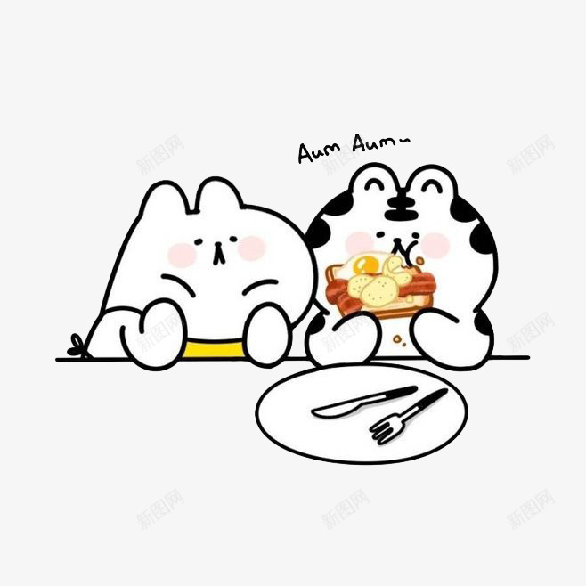 卡通兔子和老虎吃薯片png免抠素材_新图网 https://ixintu.com 兔子 刀叉 卡通 吃薯片 吃货 手绘 插画 老虎 薯片