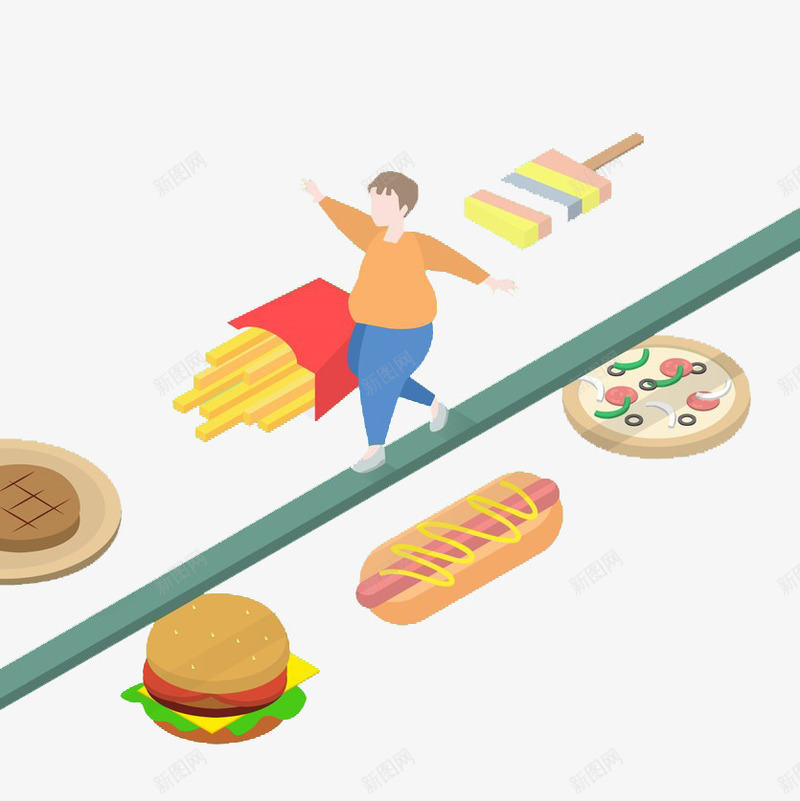 周围都是吃的胖子踩高跷png免抠素材_新图网 https://ixintu.com 创意 卡通 多彩 手绘 汉堡 简约 胖子 薯条