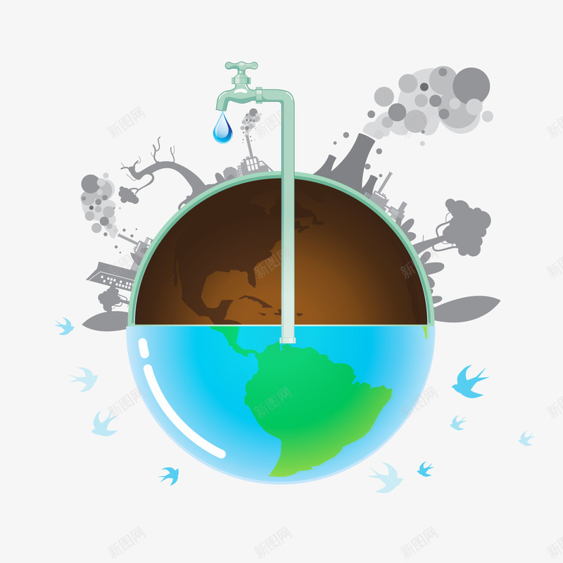 水龙头地球背景装饰png免抠素材_新图网 https://ixintu.com 卡通地球 卡通水滴 水龙头 环保装饰 节水装饰 蓝色地球