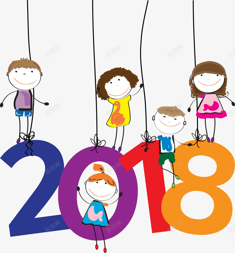 2018数字上的小朋友png免抠素材_新图网 https://ixintu.com 2018 卡通2018 女孩 小朋友 彩色 狗年 男孩 线条