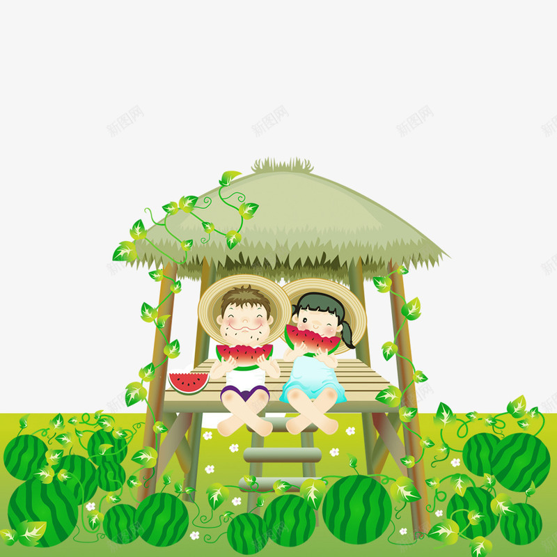 夏季吃西瓜psd免抠素材_新图网 https://ixintu.com 吃西瓜 夏季 女孩 瓜地 男孩 草坪 西瓜 西瓜地