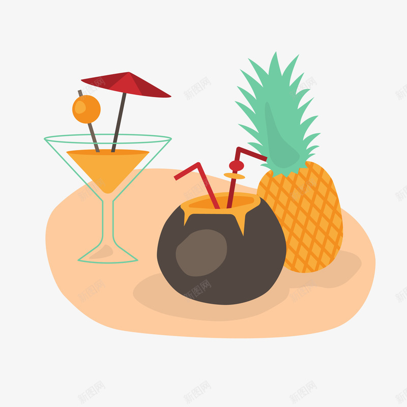 手绘沙滩夏季零食png免抠素材_新图网 https://ixintu.com png免抠图 创意 卡通 手绘 时尚 椰子汁 菠萝 食物