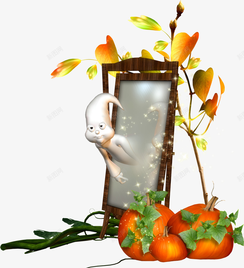 枝叶装饰魔镜png免抠素材_新图网 https://ixintu.com 人物 南瓜 叶子 枝叶 树枝 镜子 魔镜
