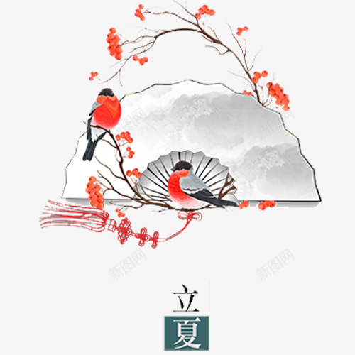 卡通中国风装饰立夏psd免抠素材_新图网 https://ixintu.com 二十四节气 卡通小鸟 手绘效果 立夏节气 红色花朵 装饰图