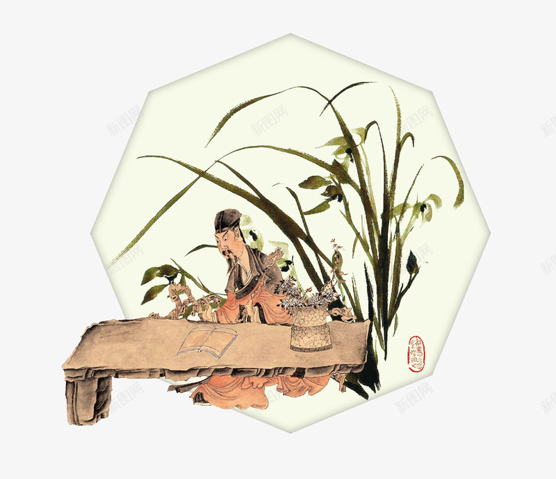 书案前的古人png免抠素材_新图网 https://ixintu.com 人物 兰花 古代