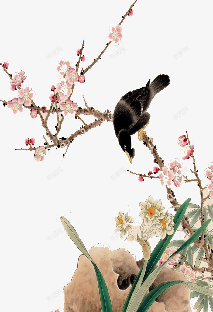 鸟在枝头png免抠素材_新图网 https://ixintu.com 中国风 小鸟 桃花 花枝 鸟在枝头