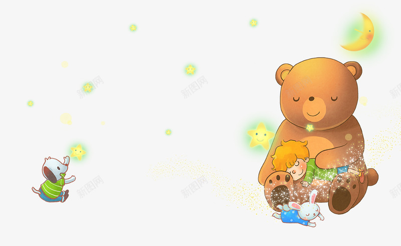 卡通小熊和睡觉的小孩psd免抠素材_新图网 https://ixintu.com 小孩睡觉 毛绒玩具 玩具熊