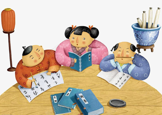 古代学习童趣图png免抠素材_新图网 https://ixintu.com 中国古代学堂 古装 女孩 毛笔 男孩
