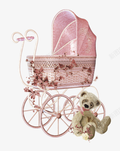 粉色婴儿车和玩具熊png免抠素材_新图网 https://ixintu.com 婴儿车 毛绒玩具 玩具 粉色
