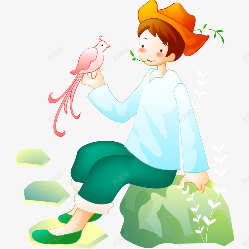 捧着小鸟的女孩png免抠素材_新图网 https://ixintu.com 人物 动物 卡通 手绘 插画