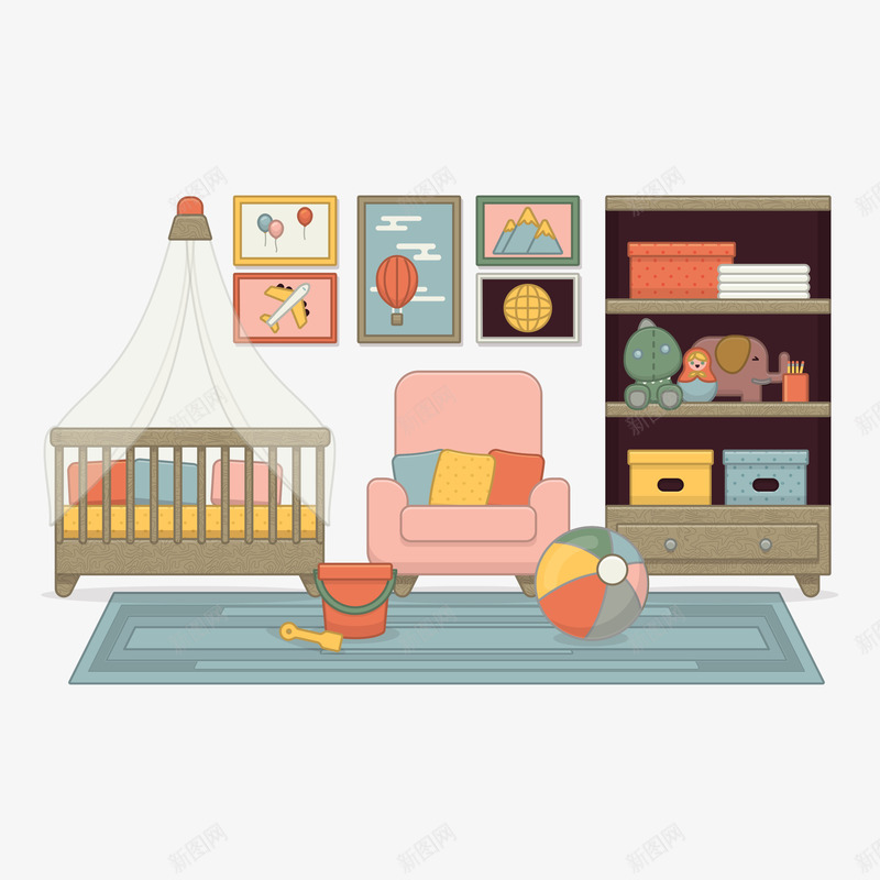 婴儿房矢量图ai免抠素材_新图网 https://ixintu.com 婴儿床 沙发 玩具 矢量图
