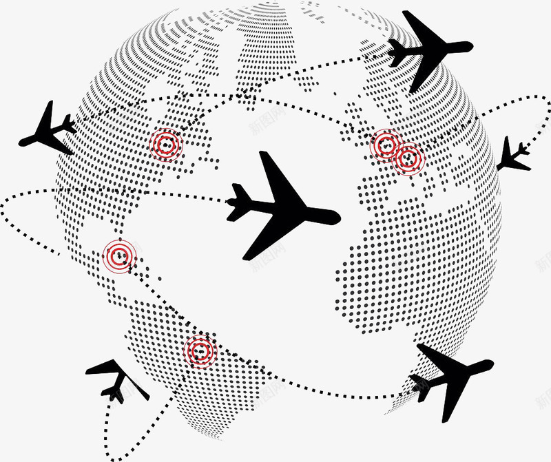 地球飞行航线png免抠素材_新图网 https://ixintu.com 交通 地图 地球 航空 航线 航线图 虚线 飞机 飞机航线 黑色
