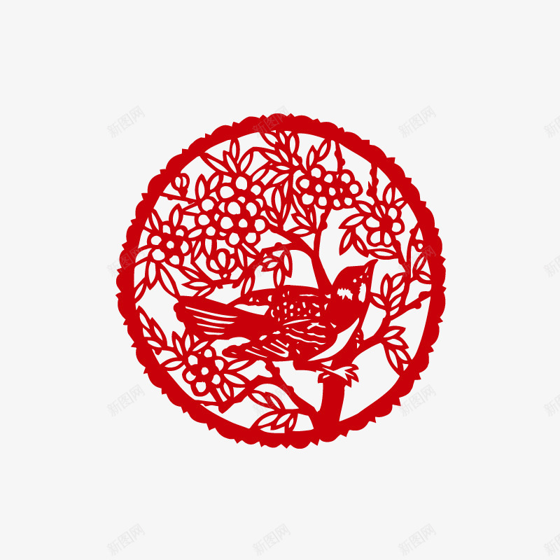 树枝上的鸟剪纸印花图案png免抠素材_新图网 https://ixintu.com 中国古典图案 中国风 传统图案 剪纸印花图案 古典花纹