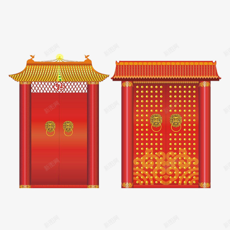 两扇大红门png免抠素材_新图网 https://ixintu.com 古代 大红门 素材 红色