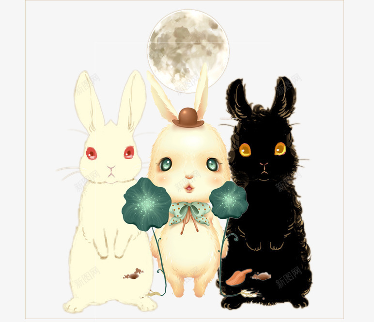 手绘插画兔子png免抠素材_新图网 https://ixintu.com 兔子 圆月 手绘 插画 月亮