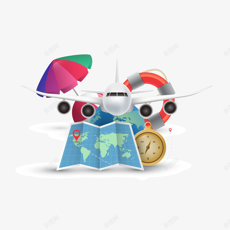 三维立体的旅行装备攻略png免抠素材_新图网 https://ixintu.com 指南针 攻略图 救生圈 旅行 旅行装备 遮阳伞 飞机