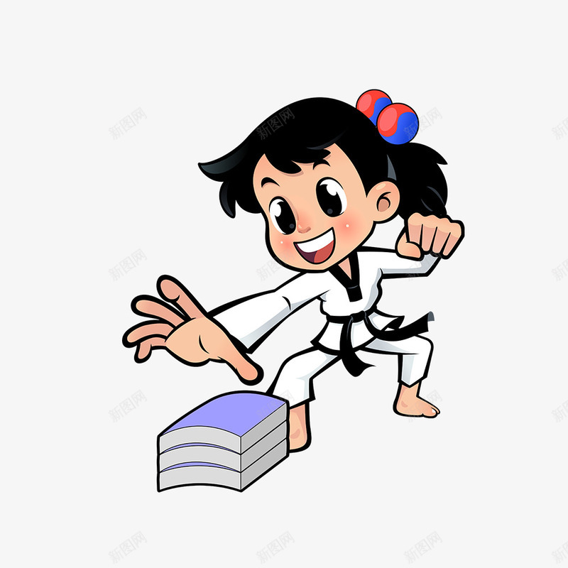 手绘卡通跆拳道女孩png免抠素材_新图网 https://ixintu.com 动作设计 女孩 武术 炫酷 砖板 练习 跆拳道动作