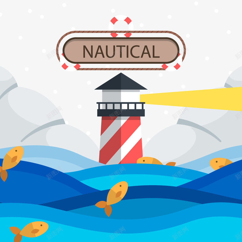 卡通灯塔和海洋动物png免抠素材_新图网 https://ixintu.com 卡通 夏季装饰 小鱼 手绘 海洋 海洋动物 灯塔 蓝色