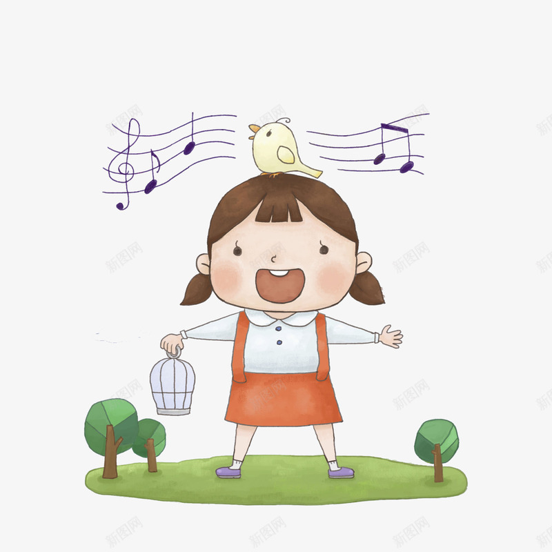 可爱的女孩png免抠素材_新图网 https://ixintu.com 卡通 可爱的 唱歌 大树 小女孩 小鸟 漂亮的 笼子