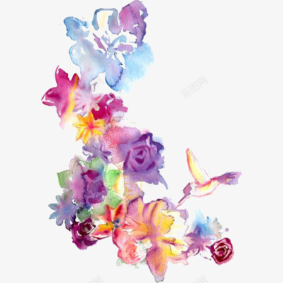 水彩花朵png免抠素材_新图网 https://ixintu.com 小鸟 彩色花朵 水墨花朵 花丛 花蜜 蜂鸟