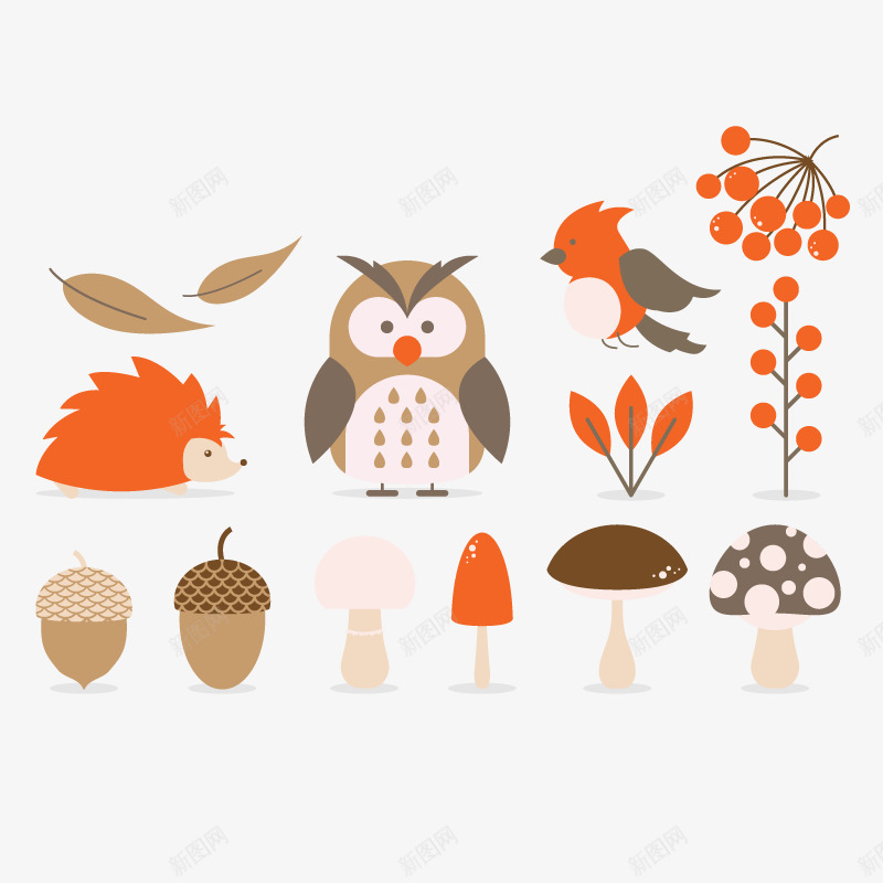 秋天的动物png免抠素材_新图网 https://ixintu.com 刺猬 动物矢量 果实 植物 猫头鹰