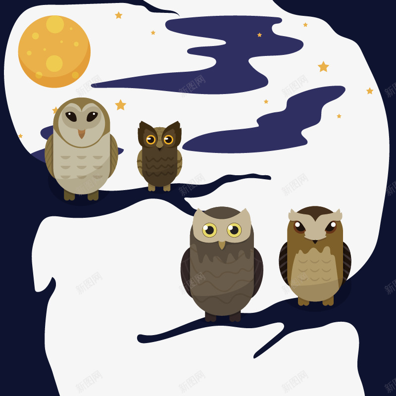 站在树枝上的猫头鹰png免抠素材_新图网 https://ixintu.com 夜晚 小鸟 星星 月亮 树枝 猫头鹰