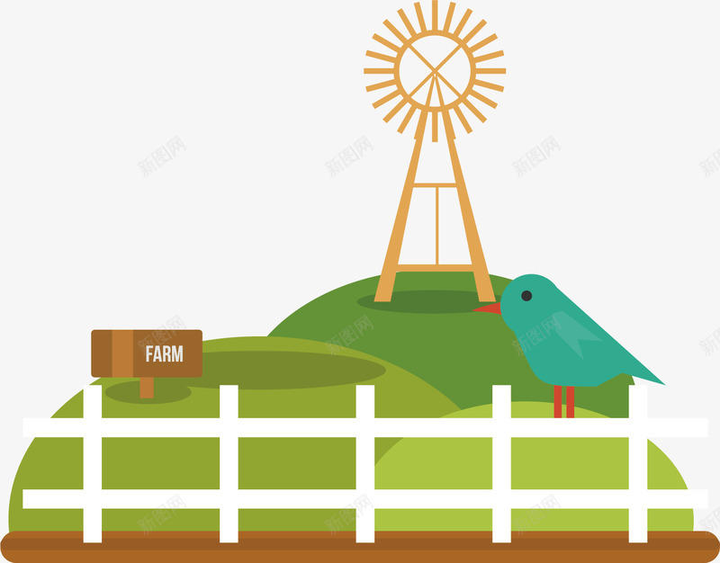 绿油油的农场矢量图ai免抠素材_新图网 https://ixintu.com farm 农场 小鸟 田地 自然风景 风车 矢量图
