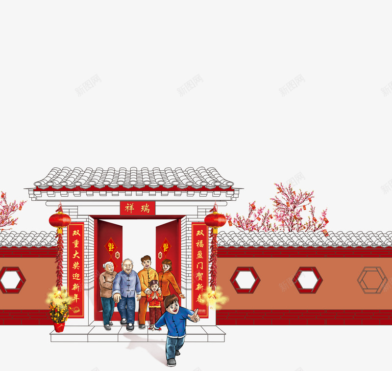 新年大门png免抠素材_新图网 https://ixintu.com 大门素材 对联 新年 院墙