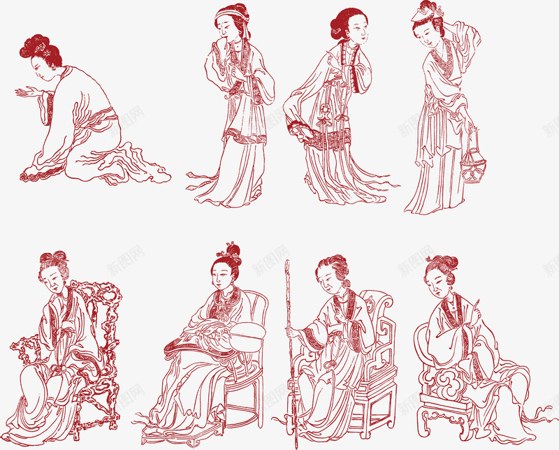 红色线描古代仕女矢量图eps免抠素材_新图网 https://ixintu.com 仕女图 红色 红色矢量 线描 装饰矢量 矢量图