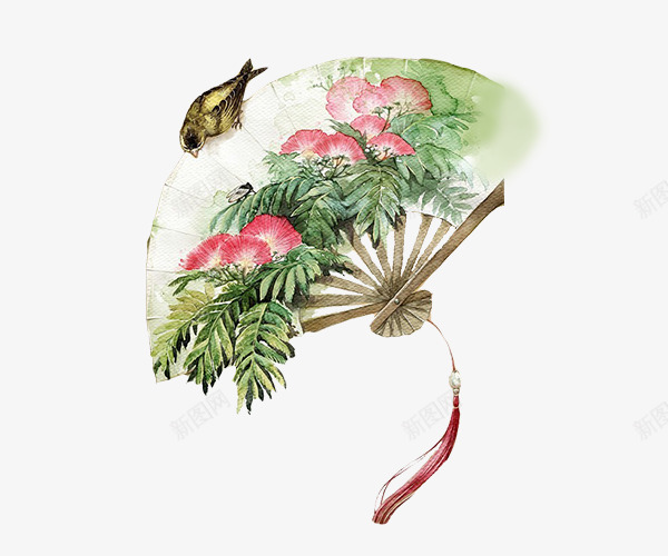 中国风花草小鸟扇形手绘png免抠素材_新图网 https://ixintu.com 中国风扇子 中国风装饰 扇子素材 手绘扇子 手绘花草 水墨植物元素