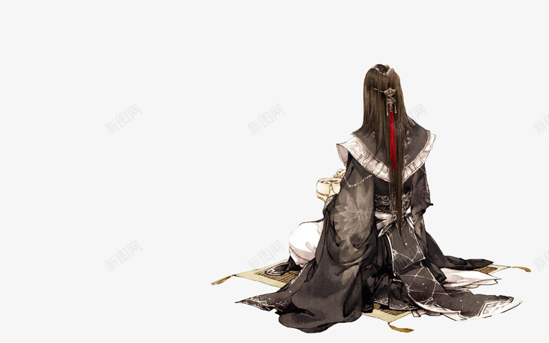 古代人物背影png免抠素材_新图网 https://ixintu.com 一个 人物 卡通 发带 古代 手绘 红色 背影 黑色