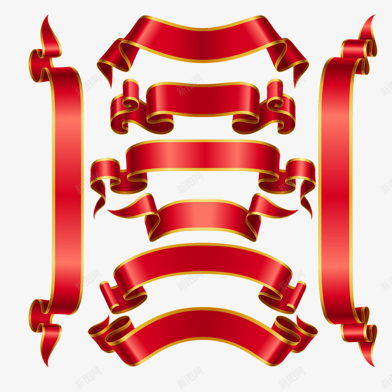 金边红色丝带png免抠素材_新图网 https://ixintu.com 丝带 大红 手绘 打卷 横条 竖条 精美 红色 装饰 金边