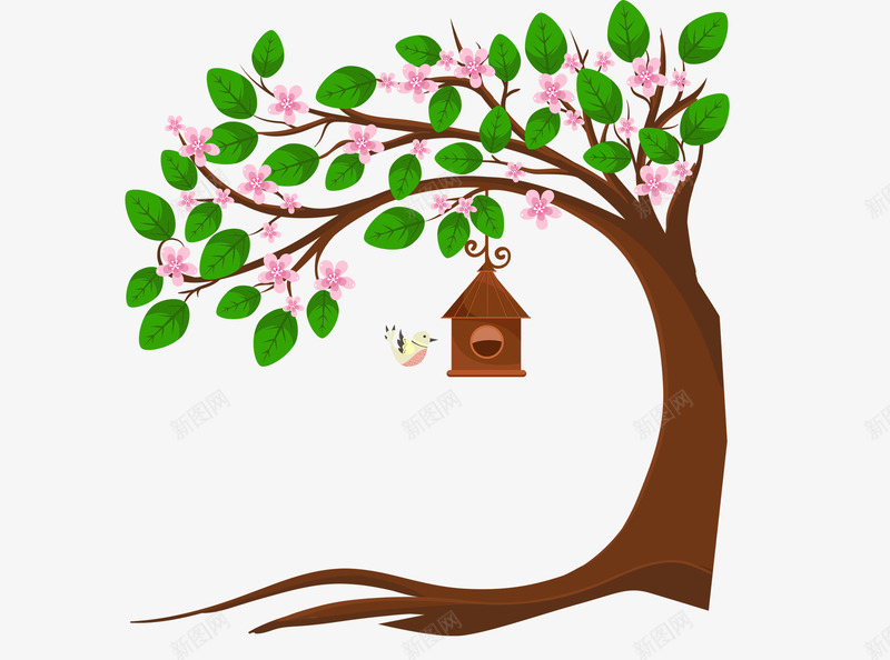 桃花树png免抠素材_新图网 https://ixintu.com 动物 小鸟 桃花树 棕色树干 植物 粉色桃花 绿色植物 鸟笼