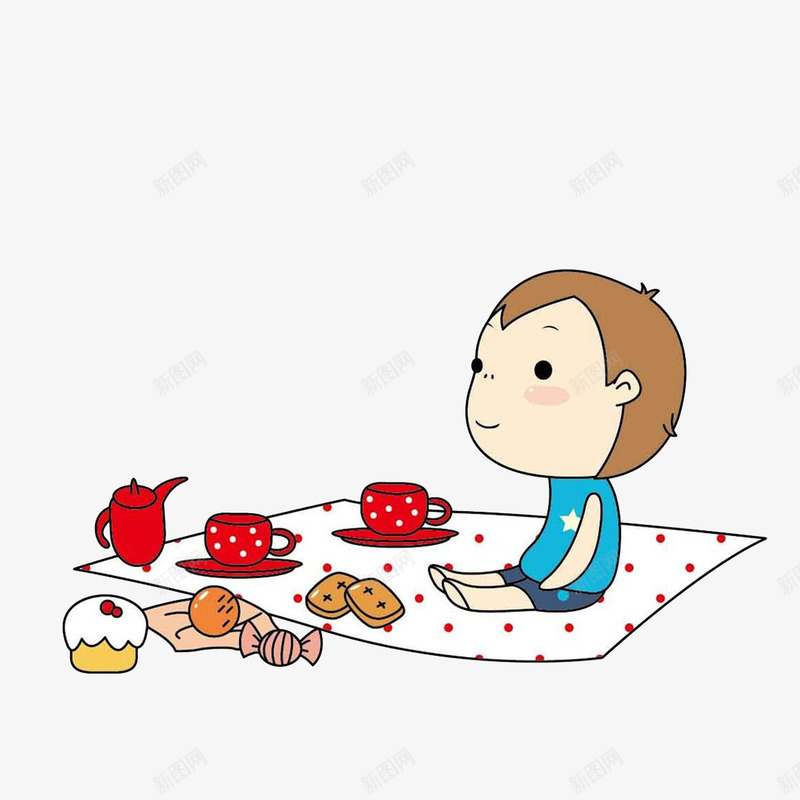 卡通独自郊游野餐的小男孩png免抠素材_新图网 https://ixintu.com 卡通 卡通小男孩 卡通饼干 杯子 糖果 蛋糕 郊游野餐 餐布 饼干