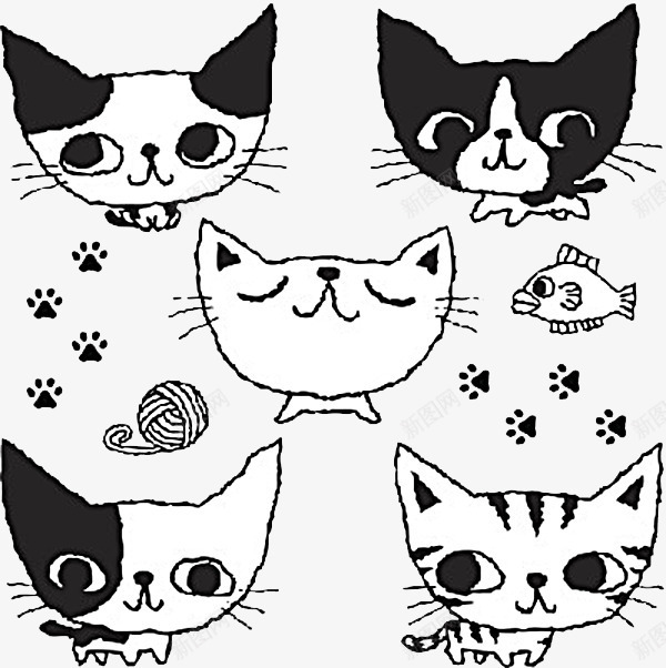 五只可爱的猫咪和玩具png免抠素材_新图网 https://ixintu.com 动物脚印 卡通猫咪 毛线球 猫咪 猫咪脚印 鱼