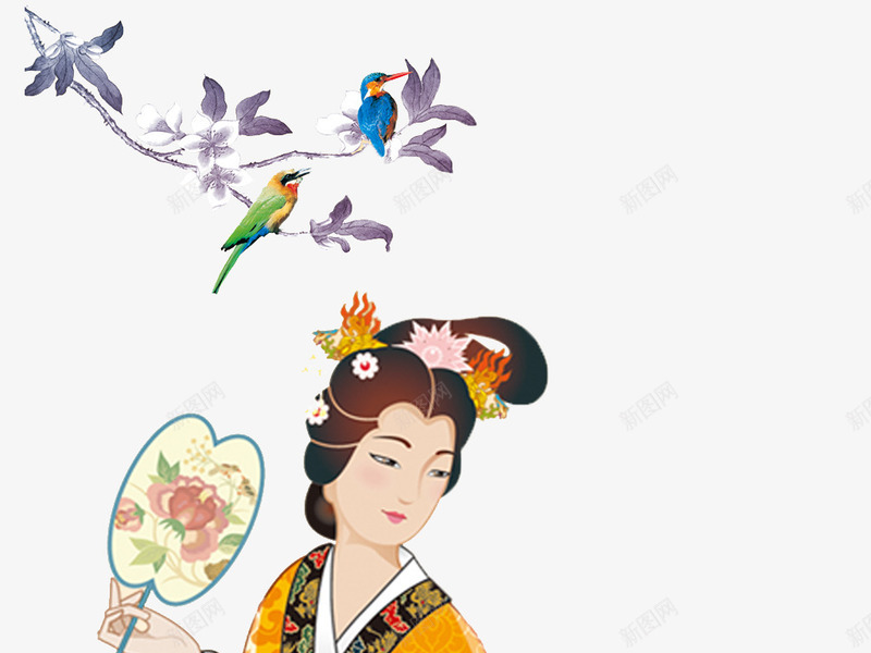 古风人物手持扇子插图png免抠素材_新图网 https://ixintu.com 卡通手绘 古代妇女 古装发型 古风 妇女 小鸟 扇子
