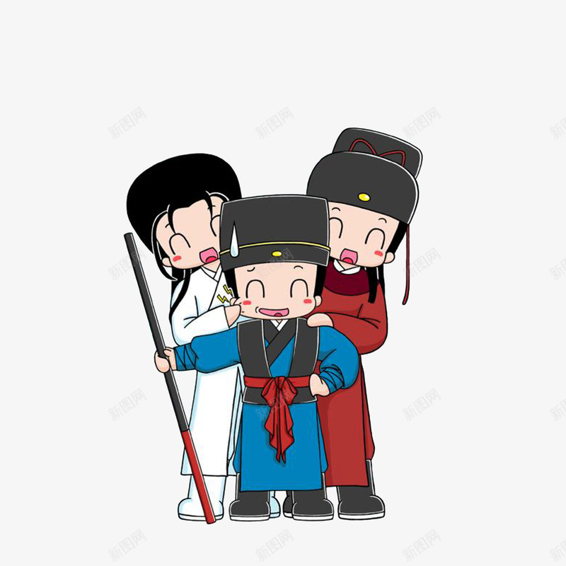 Q版卡通躲在官兵后面的展昭和公png免抠素材_新图网 https://ixintu.com Q版卡通 Q版卡通躲在官兵后面的展昭和公孙策免费下载 公孙策 古代卡通人 展昭 拿着棍子的官兵 笑哈哈