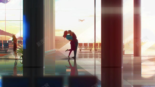 手绘机场情侣png免抠素材_新图网 https://ixintu.com 交通枢纽 手绘机场插画 旅行 机场 机场场景插画 水彩画机场 飞机场插画设计