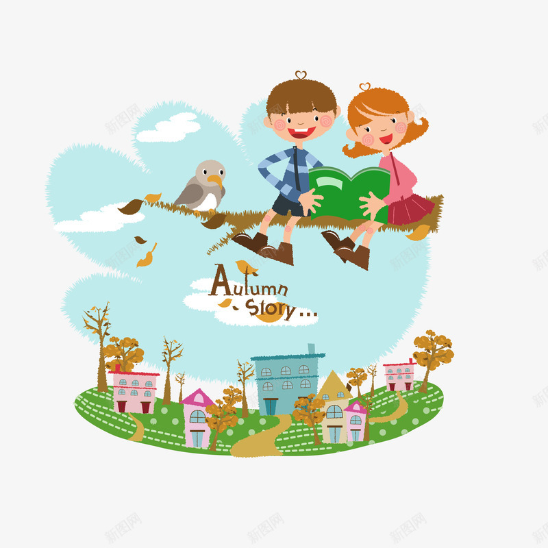 秋天的故事png免抠素材_新图网 https://ixintu.com 儿童 卡通人物 可爱 房子 秋天 鸟