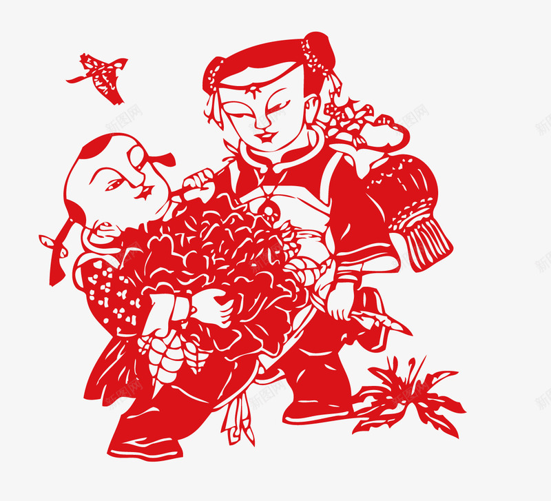 红色春节喜庆剪纸png免抠素材_新图网 https://ixintu.com 剪纸 喜庆 小鸟 春节 植物 红色 纹理 自然 质感